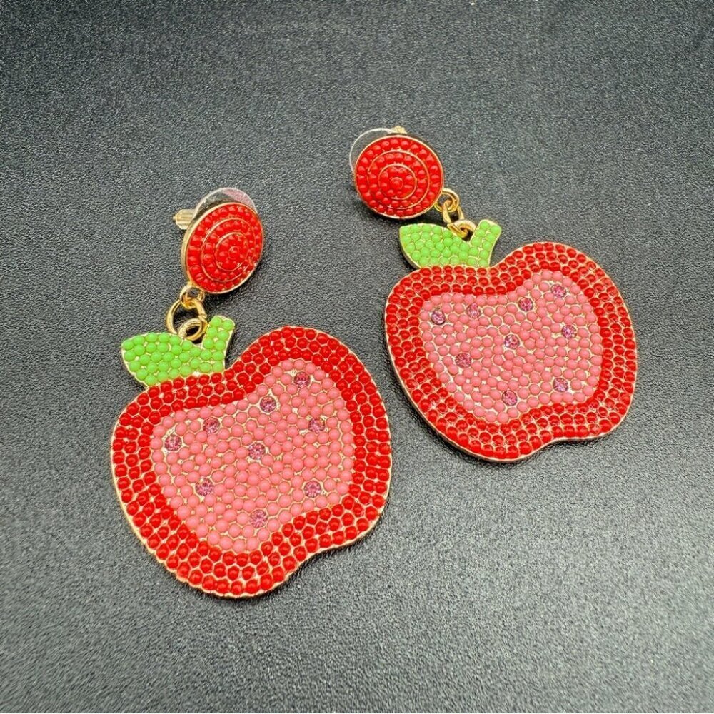Apple-Shaped Cute School Teacher Beaded Earrings with Rhinestones